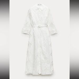 ZARA Embroidered Lace Summer Dress Belt White Shirt Collar